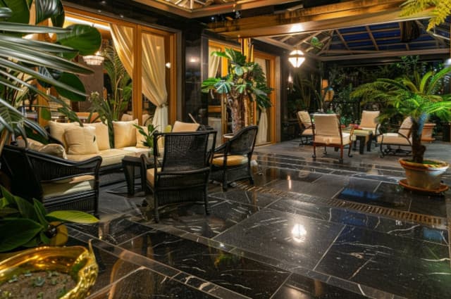 Eine Terrasse im Glamour-Stil – Gestaltungsideen mit schwarzen Fliesen